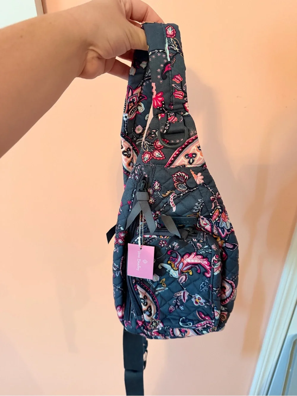 Vera Bradley Quilted Paisley Crossbody Sling in Navy and Pink